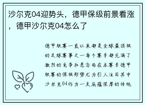 沙尔克04迎势头，德甲保级前景看涨，德甲沙尔克04怎么了